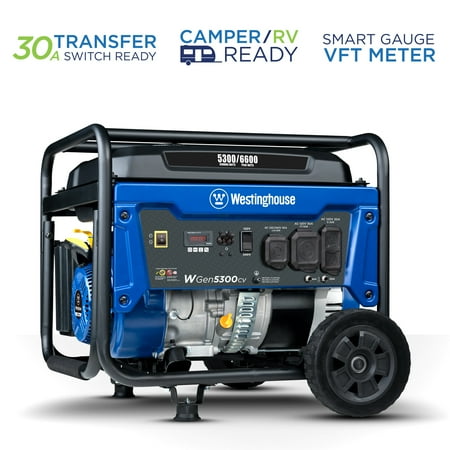 Westinghouse 6600 Peak Watt Home Backup Portable Gas Generator, Recoil Start, RV Ready Outlet, CO Sensor