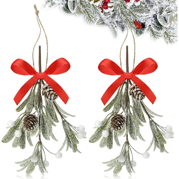 Dalrosia 2PCS Christmas Mistletoe Decor Artificial Mistletoe Ornament with Red Bow Christmas Hanging Mistletoe Decoration Bouquet Natural Pine Cones Christmas Tree Accessories