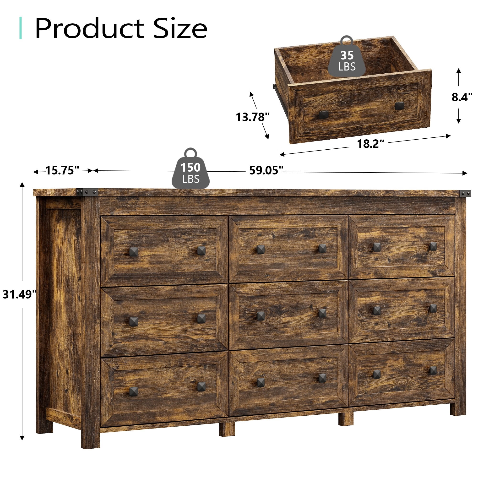 FANRAL Dresser for Bedroom with 9 Drawers,Wood Metal Handle Closet Storage Cabinet,Wide TV Stand Chests of Drawers,Brown Dresser
