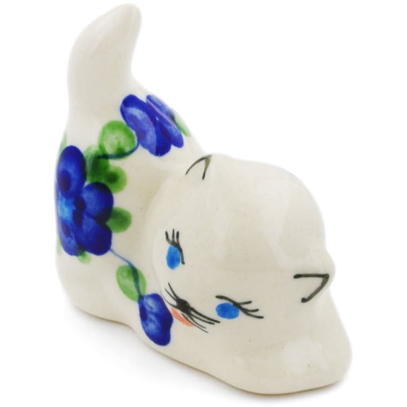 Polish Pottery 2½-inch Cat Figurine (Blue Poppies Theme) Hand Painted in Boleslawiec, Poland Certificate of Authenticity