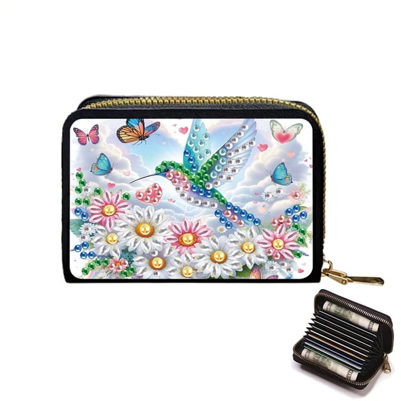 DIY Diamond Painting Kit Card Holder White Chrysanthemum Flower Design Portable Card Slot Mini Wallet Creative Gift for Storing Bank Cards and Coins