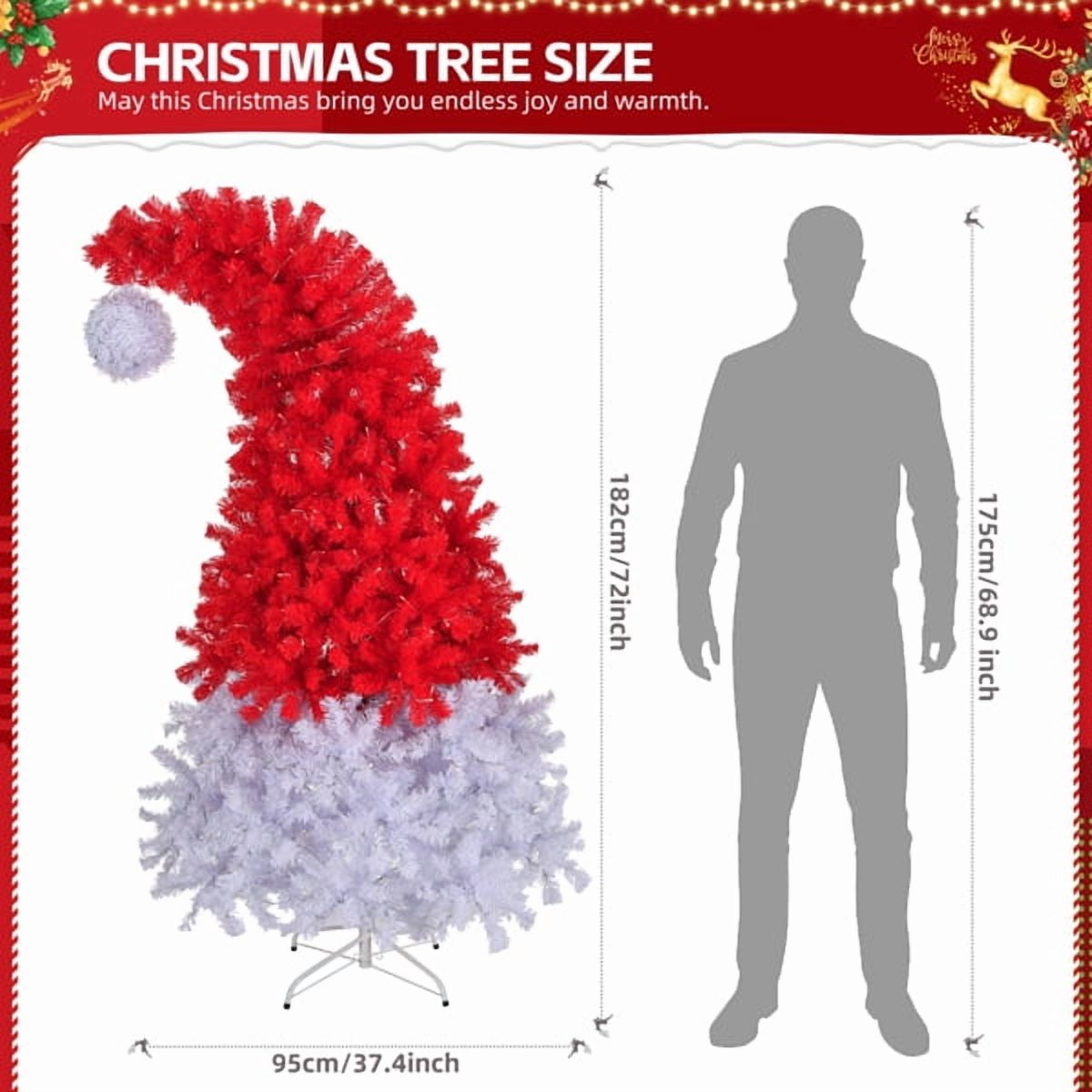 Alvantor 6 ft Santa Hat Pre-Lit Artificial Christmas Tree with 300 Cool White LED Lights, 8 Modes and 1050 PVC Tips, Red and White