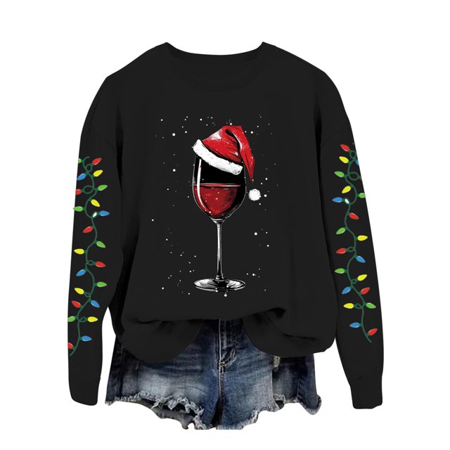 EHQJNJ Sweat-Shirt Col Rond pour Femmes Mignon Graphique de Noël Décontracté Imprimé Verre Manches Longues Sweat-Shirt Col Rond Graphique pour Femmes Sweat-Shirt Marron pour Femmes Maman Graphique