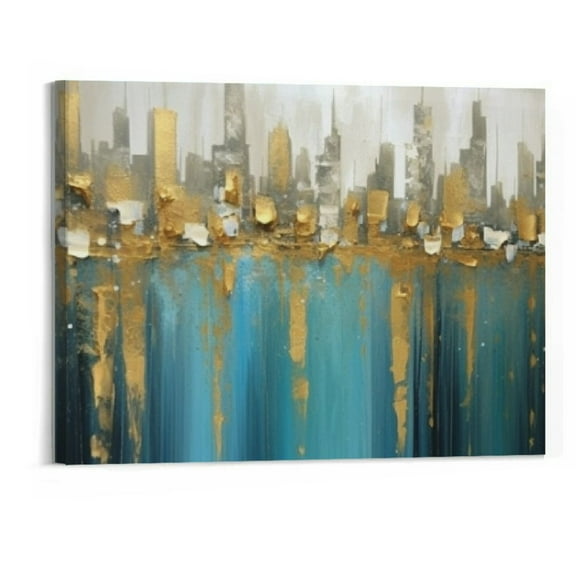 JRXY Teal Abstract Cityscape Canvas Wall Art Modern Skyline Gold Painting Blue Grey Textured Large Size 20"x16" Picture Turquoise Artwork Framed for Living Room Bedroom Bathroom Home 20x16in