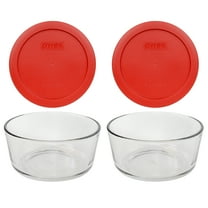 Pyrex (2) 7201 4-Cup Glass Bowls & (2) 7201-PC Poppy Red Plastic Lids