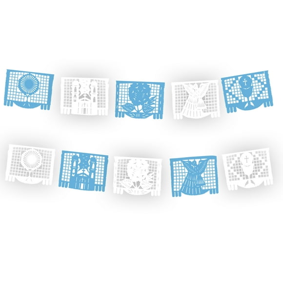 Papel Picado Religioso | Guirnaldas | Enramado | 5 tiras de 5 metros | diseño religioso azul y blanco con colores vibrantes | decoración de papel picado (Plastico)