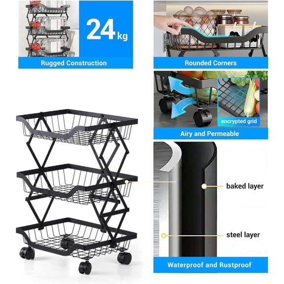 Yucurem 3 Tier Rolling Kitchen Cart, Foldable Metal Storage Cart with Wheels, Vegetable Storage Organizer for Kitchen Bathroom Pantry