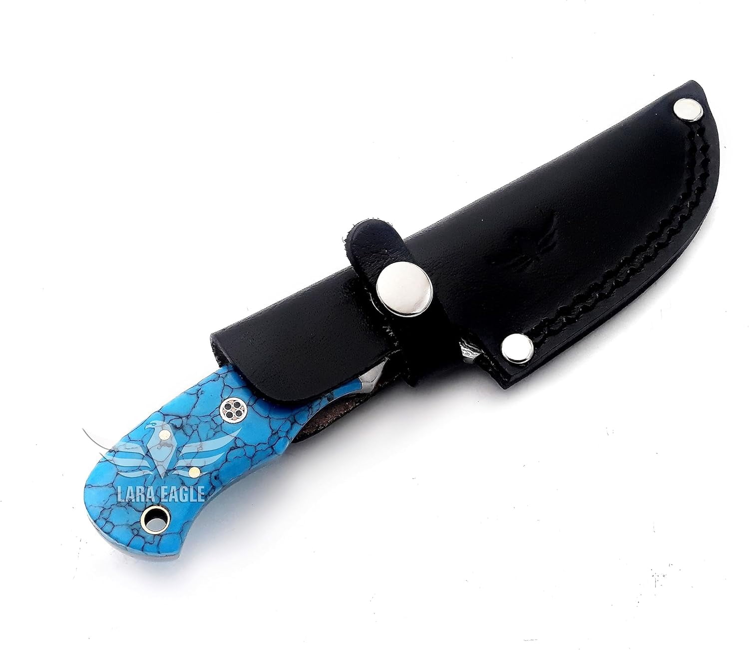 Lara Eagle Damascus Hunting Knife - Fixed Blade Handmade Skinner with Sheath - 7.5 inch Survival Knife Great for Camping - Camel bone Handle with mosaic pin