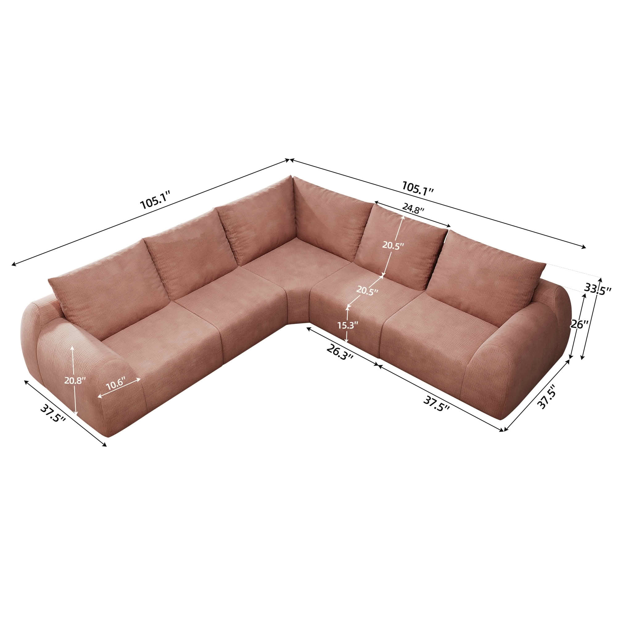MAYEERTY 105" V Shaped Modular Cloud Sectional Sofa, 5 Seats Vacuum Compressed Chenille Couch, No Assembly Required Oversized Fabric Sofa