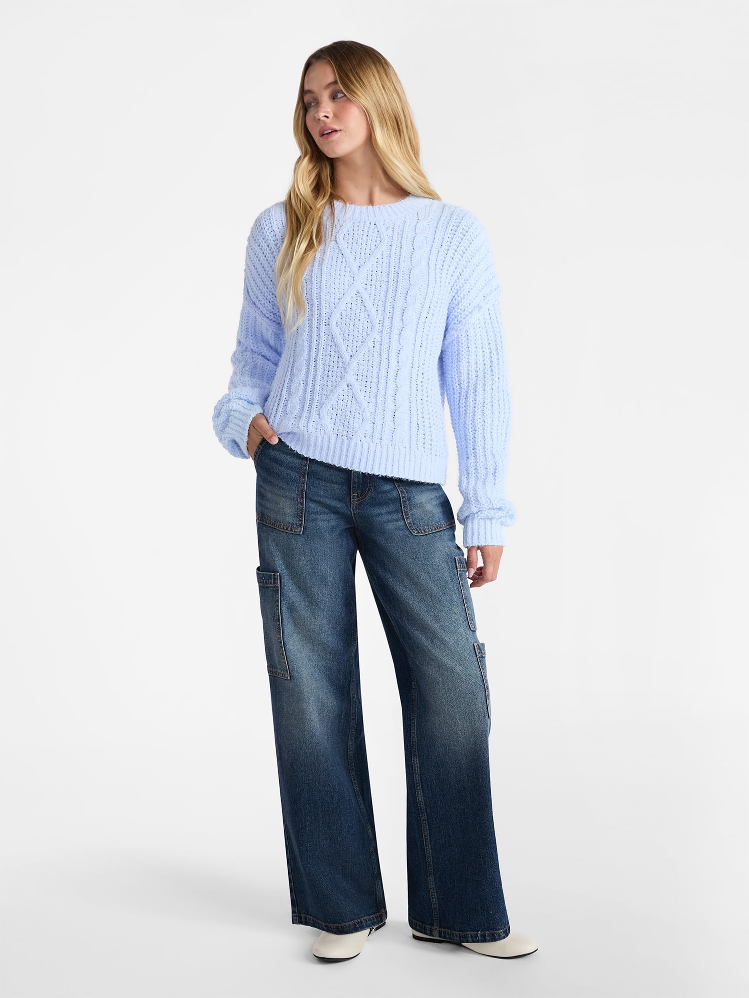 No Boundaries Cable Knit Sweater, Midweight, Women's