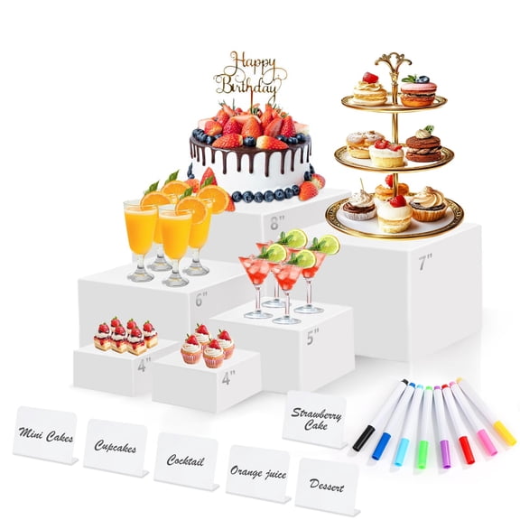 6 Pcs Acrylic Buffet Risers Display Stands with Mini Sign and Maker, Food Display Risers for Cake Stand Party Catering Dessert Collectibles,Nesting Cube Boxes with Hollow Bottoms (8",7",6",5",4",4")
