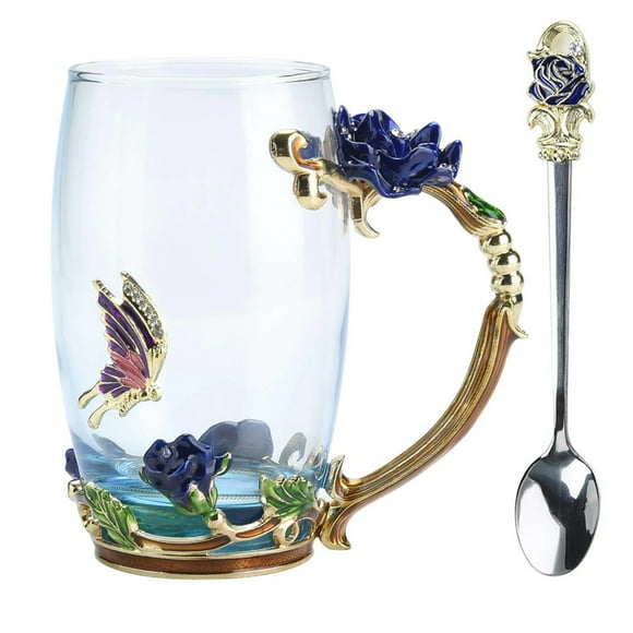 Tea Cup Glass Coffee Mugs,Fancy Tea Cup Set Birthday Christmas Valentine's Day Gift Idea for Tea Lover Novelty Coffee Mugs Rose Flower Enamel Tea Cup Glass Mug with Spoon Set