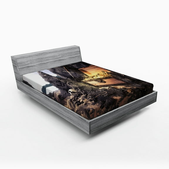 Ambesonne Fantasy Fitted Sheet, Treasure Chest in Cave, Full Size, Charcoal Grey Amber