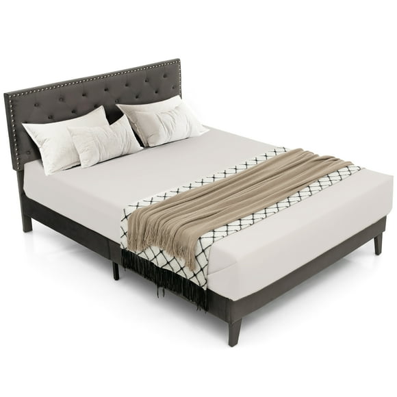 Costway Queen Bed Frame Upholstered Platform Bed with Tufted Headboard Mattress Foundation