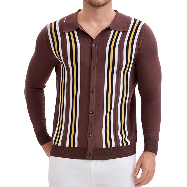Camisas de polo de punto de manga larga para hombre con botones y estampado 2XL marrón