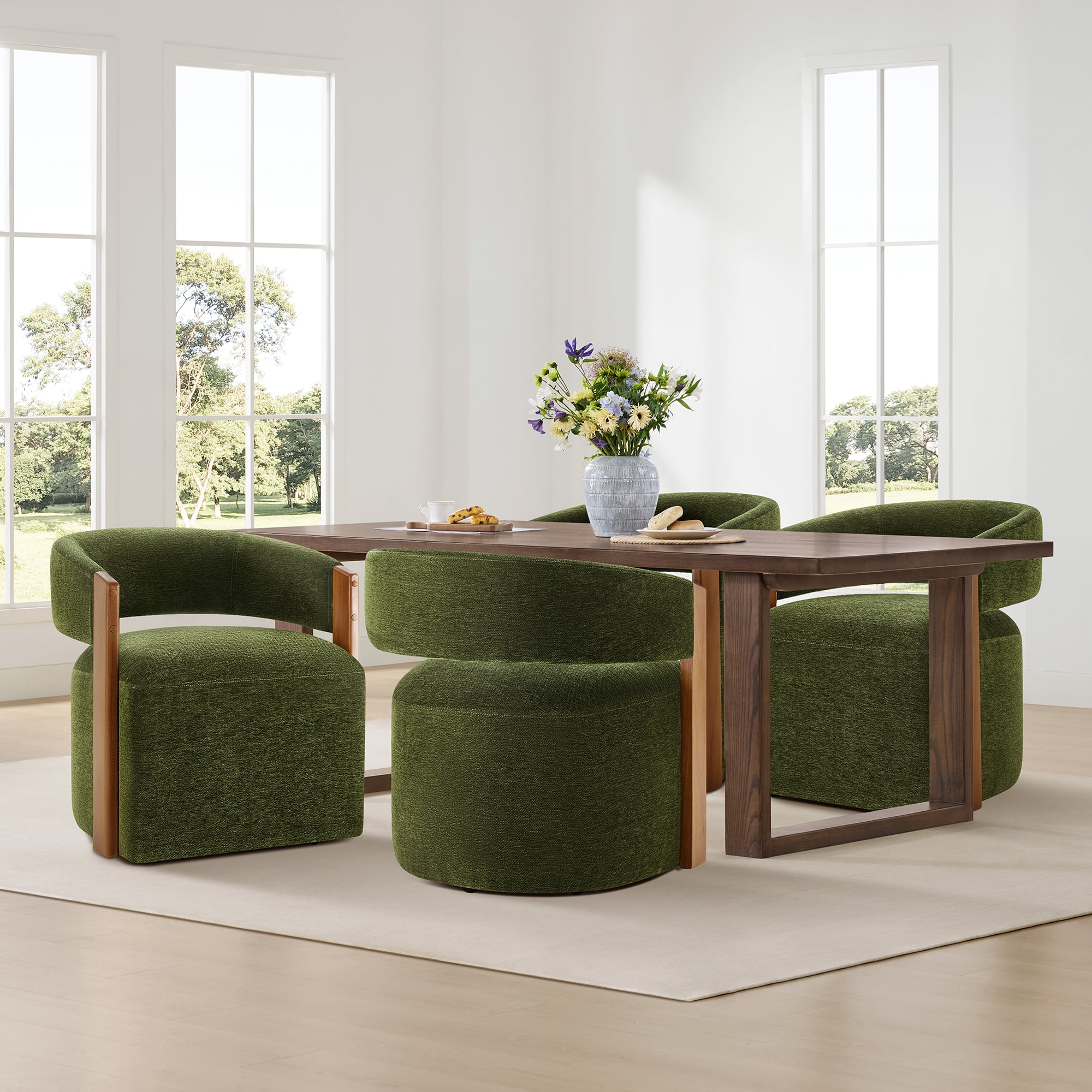 Spruce & Spring Upholstered Dining Chair with Wooden Armrests and Rolling Casters Single, Green