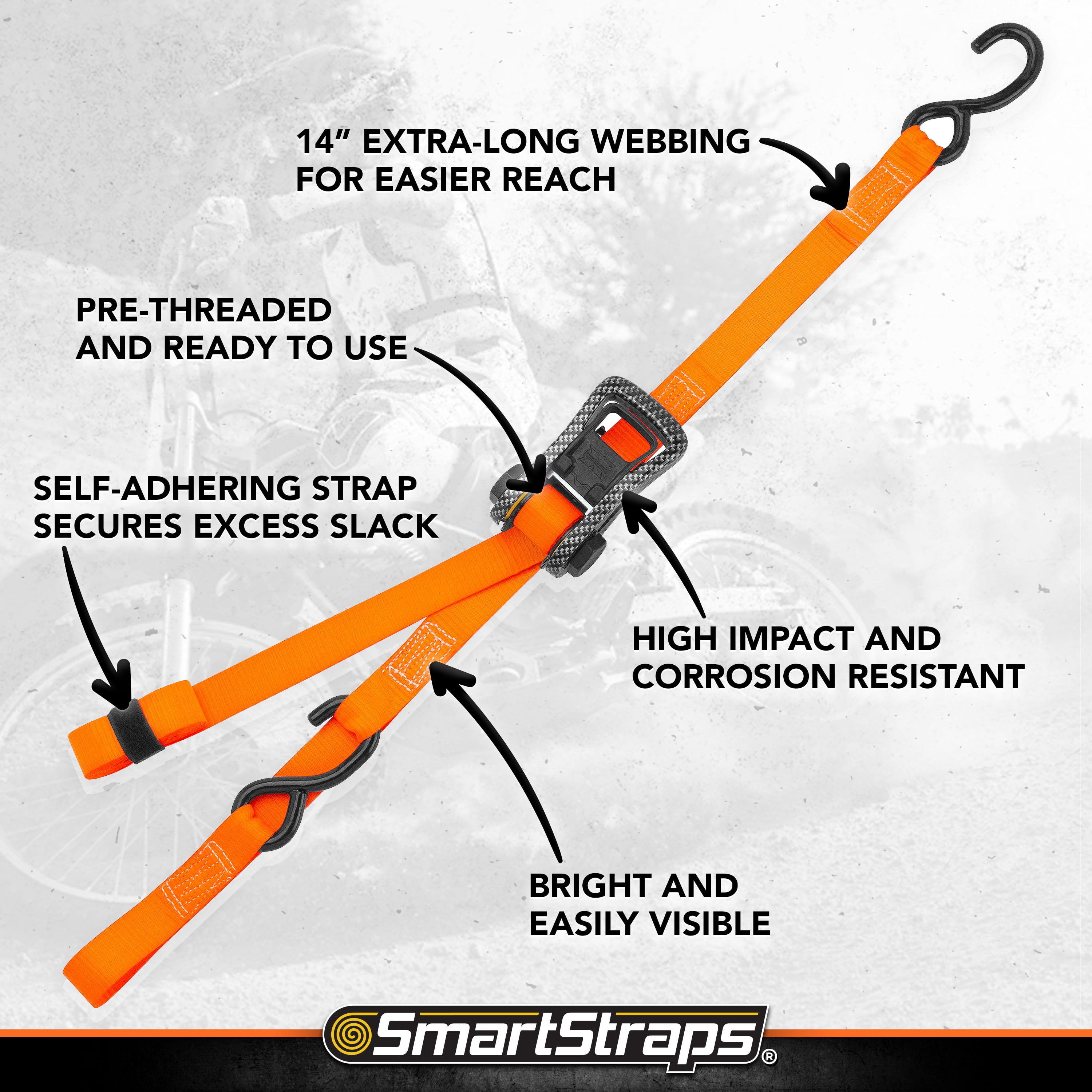 SmartStraps CarbonX Heavy Duty Ratchet Tie Down Straps, 1" x 14 ft, 1,000 lb Safe Work Load, 3,000 lb Break Strength, Green, 4-Pack