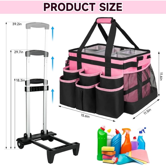Large Rolling Cleaning Caddy Bag with Detachable Trolley, Pink Cleaning Cart on Wheels with Shoulder Strap for Housekeepers