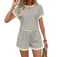 thumbnail image 5 of VBVC Women's Striped Crew Neck 2 Piece Set,Dolman Top and Elastic Waist Shorts For Women, Ladies' Soft Summer Loungewear With Pockets,Beige,S-2XL, 5 of 10