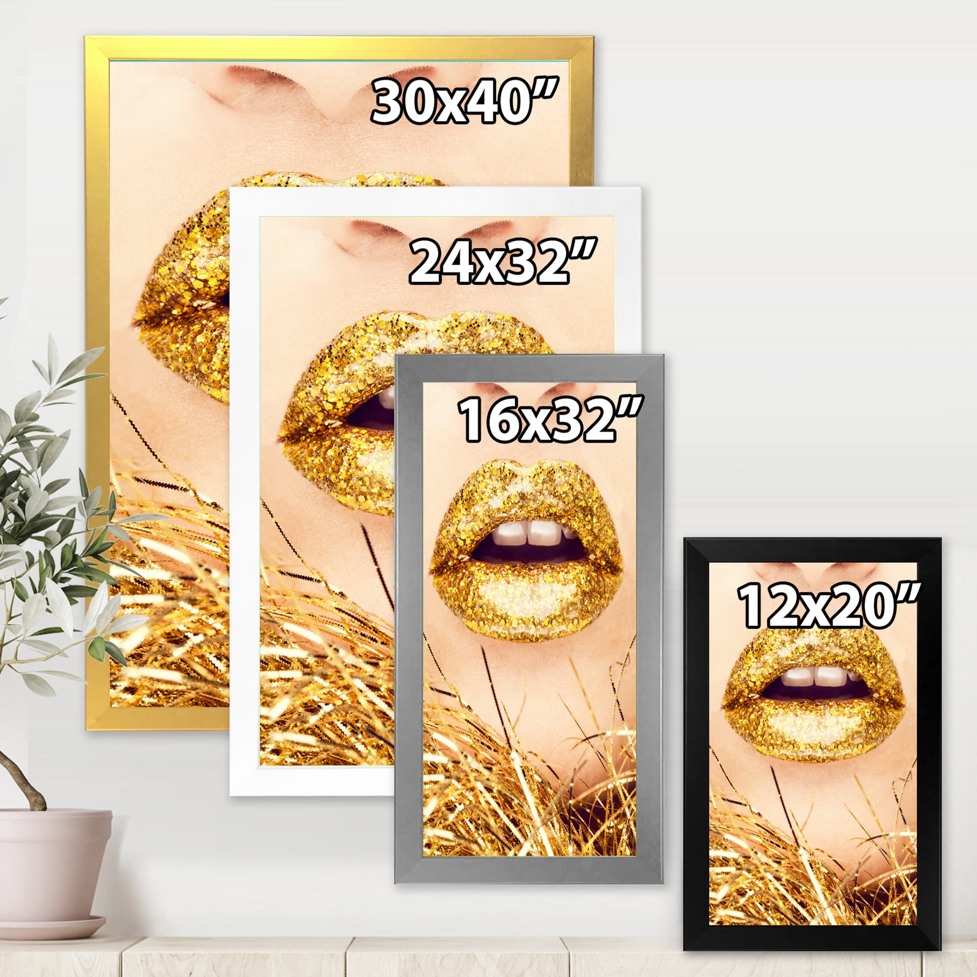 Designart 'Close-Up Of Golden Female Lips I' Modern Framed Art Print