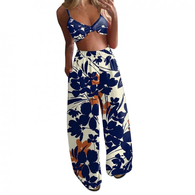 Mujeres Verano Bohemio Estampado floral Sexy Crop Tops + Pantalones Pierna ancha Conjunto de 2 piezas Pompotops qwe22615