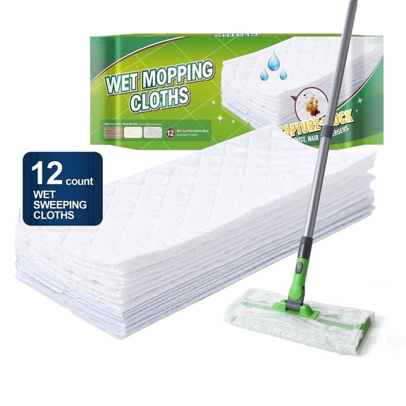 Yocada Strong Cleaning Wet Mopping Cloths, 12 Refill Pads, Captures Dust & Pet Hair for Shiny Floors, for 10 Inch Mop, Hardwood Laminate Tile