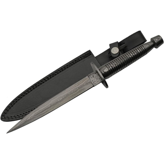 SZCO SUPPLIES 12"" Damascus Steel Dag-ger with Leather Sheath, Black 12 Inches