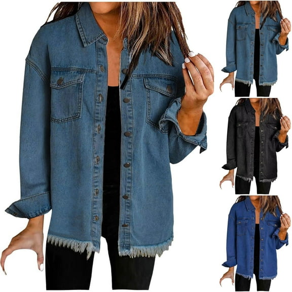 Samickarr Denim Blouse for Women Long Sleeve Turndown Collar Fringed Bottom Edge with Pockets Button Jean Jacket