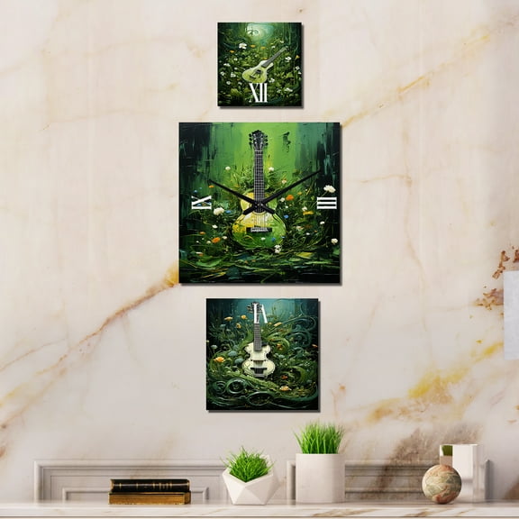 Designart "Grass Green Melodies on Guitar" Music Oversized Wall Clock - Set Of 3 - Extra large Clock For Office Décor - Large Traditional Wall Clock