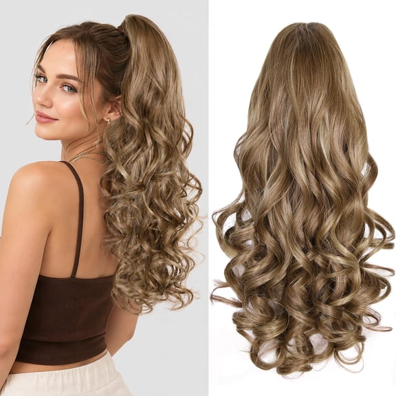 24 Inch Ponytail Extension, Layered Ponytail Extensions for Women, Soft Wavy Claw Clip in Ponytail Extension, Natural Synthetic Hair Pieces for Women (Color: Light Brown With Dark Blonde Highlights)
