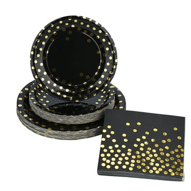 Enbiawit Disposable Plates Party Supply Set with Napkins,Black/Gold, 24 Count