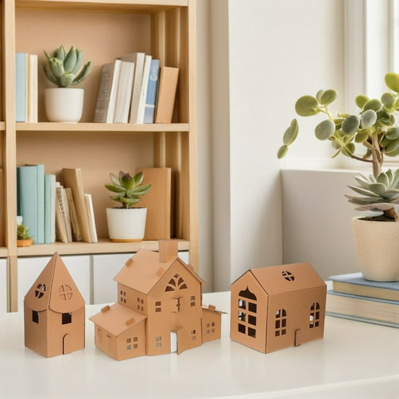 OULII 3Pcs Sturdy Corrugated Cardboard House Kit for Creative Coloring and Family Fun