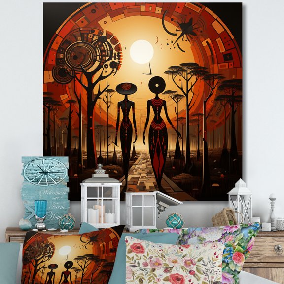 Designart "Landscape of African Woman in Yellow and Red" People Wall Art - Global Yellow African Art Bedroom Canvas Wall Art