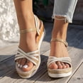 thumbnail image 2 of Rokment Womens Linen Platform Wedge Dressy Sandals Ladies Beach Breathable Open Toe Ankle Strap Espadrilles Chunky High Heels Dress Summer Shoes for Bride Wedding White Size 8.5, 2 of 6