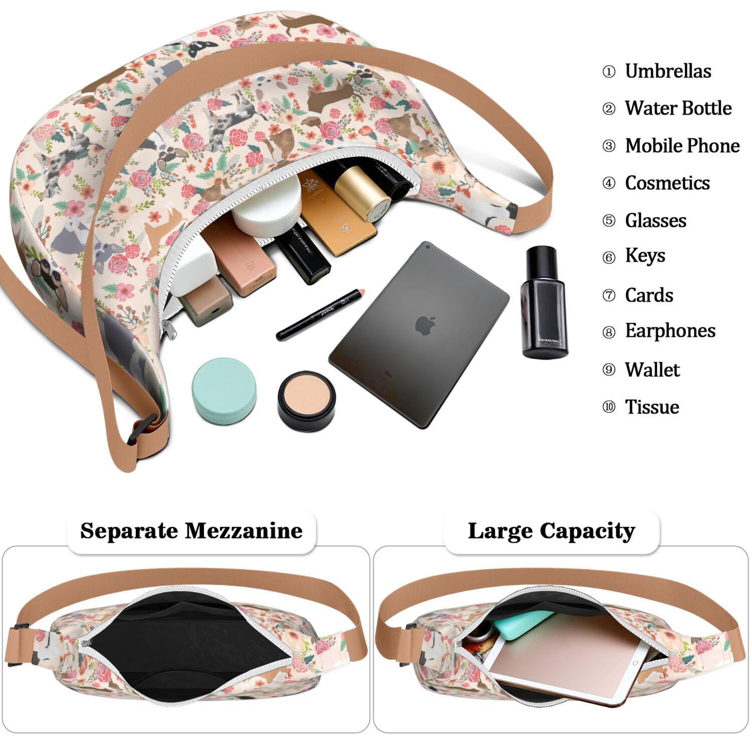 Casual Purse for Women – Adjustable Strap, Smooth Zipper & Reinforced Stitching, Cute puppy pattern, Bone, Artistic dog print, Vintage Style Lightweight Bag