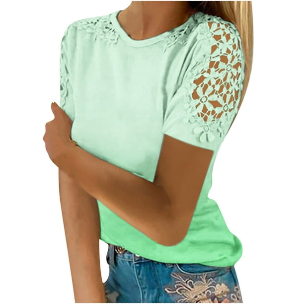 Summer Tops For Women 2023 Women Casual Printing Round-Neck Lace Hollow Out  Short Sleeve Pullover Slimming Blouse T-Shirt Tops Green Xxxxxl 