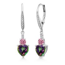 Gem Stone King 925 Sterling Silver Green Mystic Topaz Pink and White Lab Grown Diamond Drop Dangle Earrings for Women (3.53 Cttw, Heart Shape 7MM, Round 4MM)