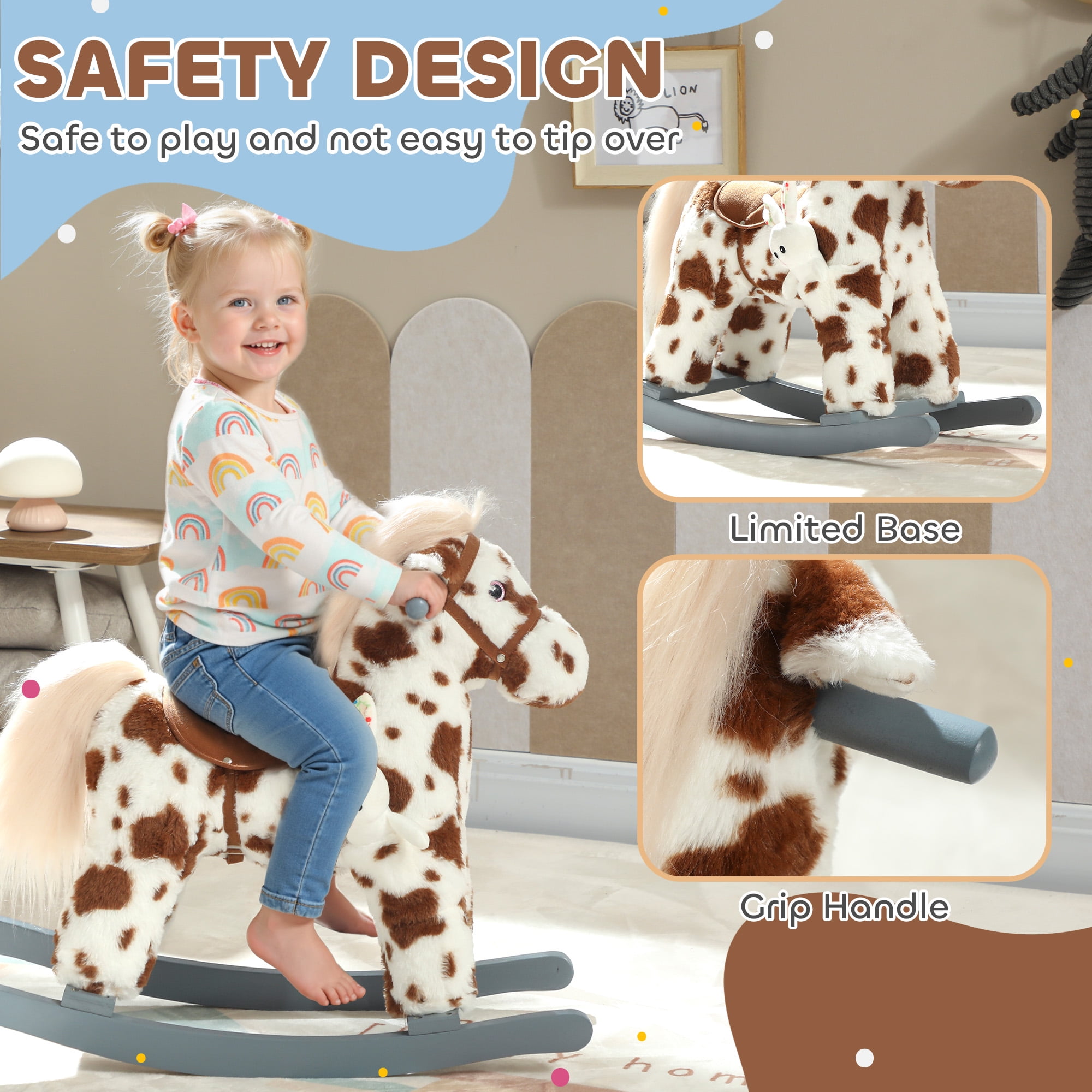 Qaba Kids Rocking Horse, Animal Rocker with Rabbit Toy and Realistic Neigh for Toddlers, Soft Filling Ride on Pony, Brown