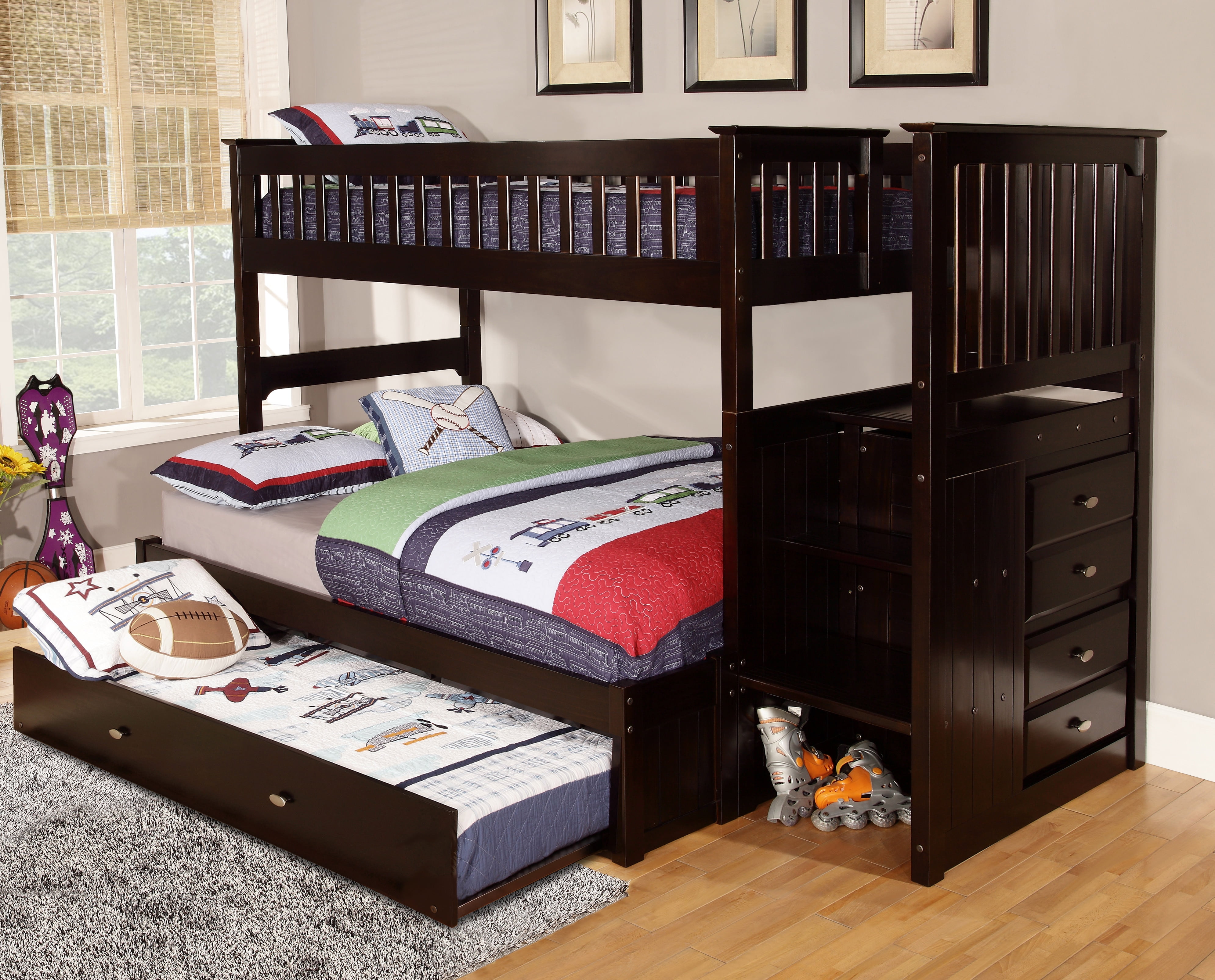 American Furniture Clics Model 2914 Tfet Solid Pine Mission American Furniture Clics Model 2914 Tfet Solid Pine Mission Staircase Twin Over Full With Four Drawer Chest And Roll Out Trundle Bed In Espresso