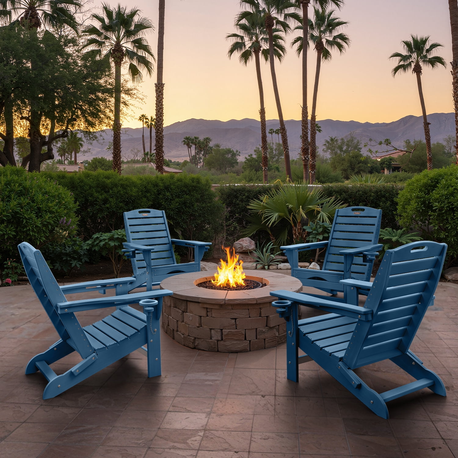 Folding Adirondack Chair with Ottoman Set of 2 HDPE Outdoor Chair Pull Out Footrest with 2 Cup Holders Garden Lawn Navy