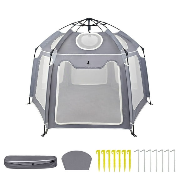 Portable Pop-Up Tent with Canopy - Mosquito Net & UV Protection Playpen, Lightweight Foldable Design for Beach, Garden and Indoor Use, Easy Setup (1.5m x 1.1m, Grey)