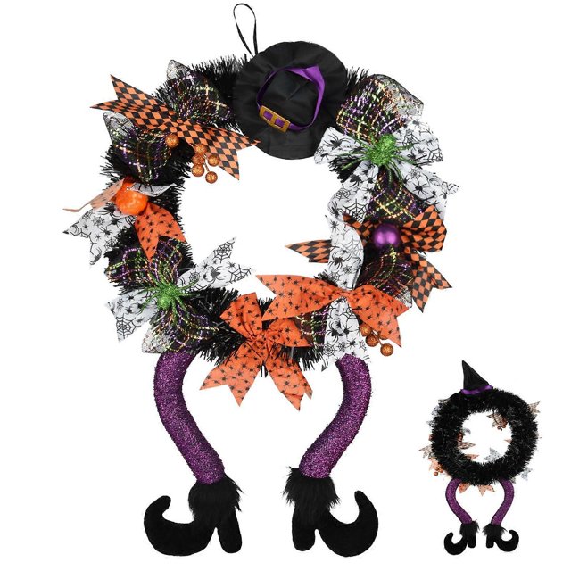 Spooky Halloween Wreaths & Decorations, Witch Hat & Legs Wreaths Front Door Fireplace Decoration Indoor/Outdoor