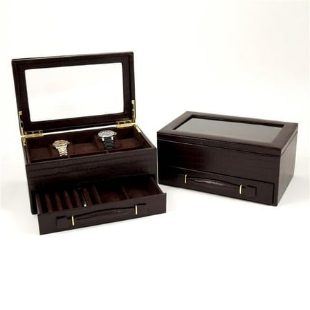 Brown Croco Texture Leather 5 Watch Box w/ Drawer Glass Top