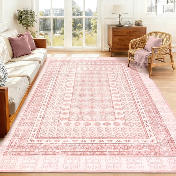 5x7 Area Rug Washable Non Slip Low Pile Geometric Border Farmhouse Living Room Rug Pink