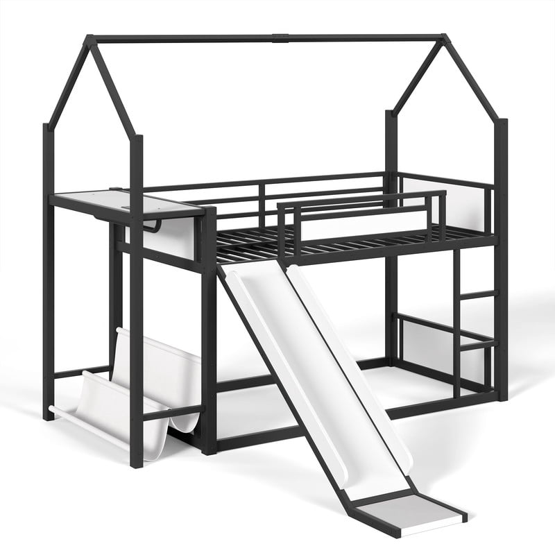 Twin Over Twin Metal Bunk Bed with Slide, LED Hanging Area, Fabric Storage Shelf, Power Outlet, House-Shaped Playhouse Frame, Safety Guardrails, Ladder, Low Profile Kids Bunk Bed