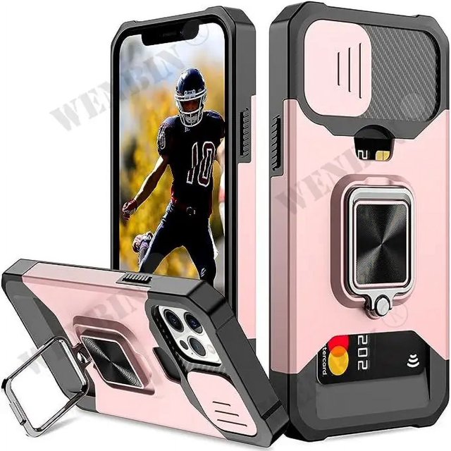 Case For iPhone 15 14 13 12 11 Pro Max Plus 8 7 Plus XR X SE 2022 Card Holder Slot Military Wallet Slide Camera Grade Case RoseGold iPhone 12 (12 Pro)