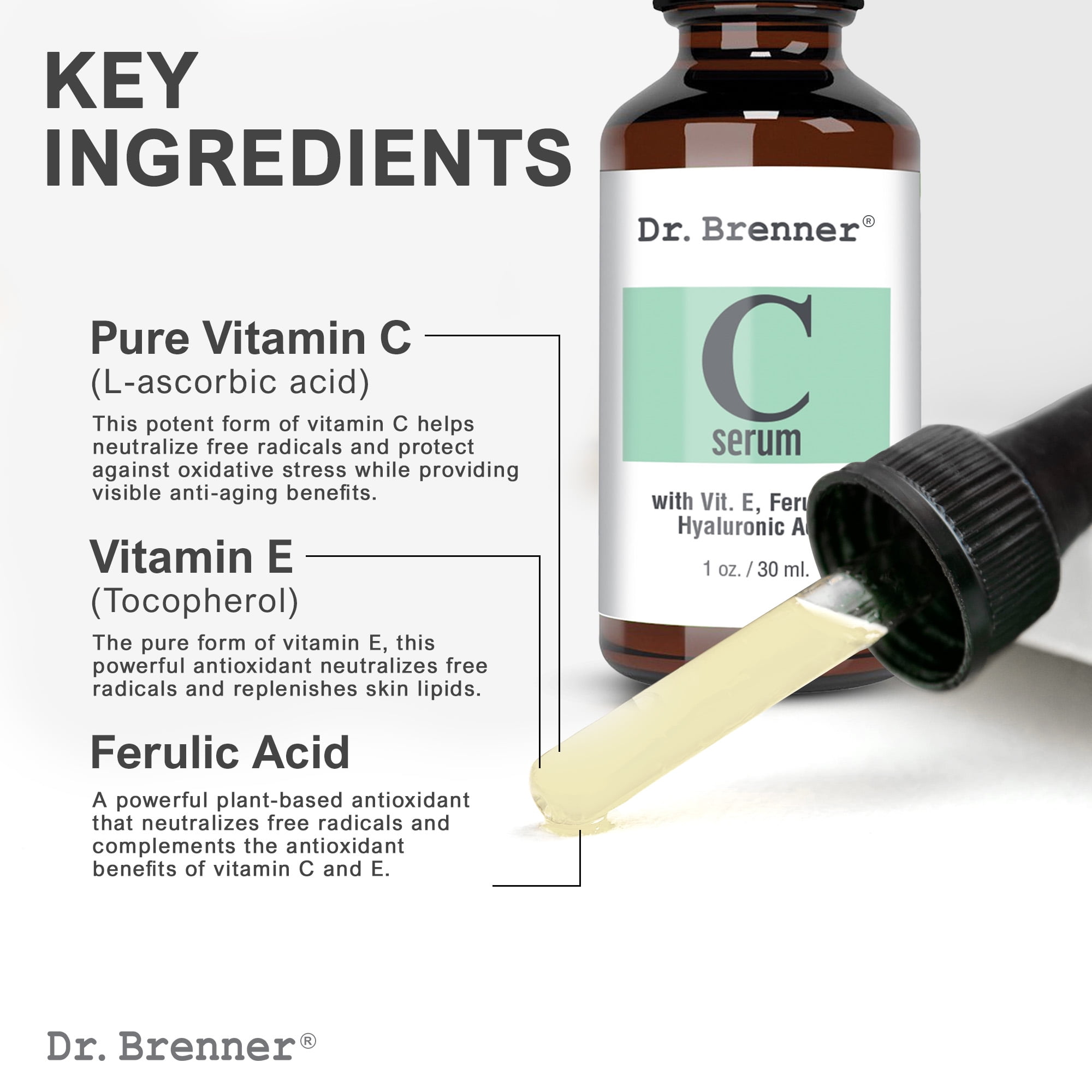 Dr. Brenner Vitamin C Serum with Ferulic Acid, Vitamin E and Hyaluronic Acid 1oz.