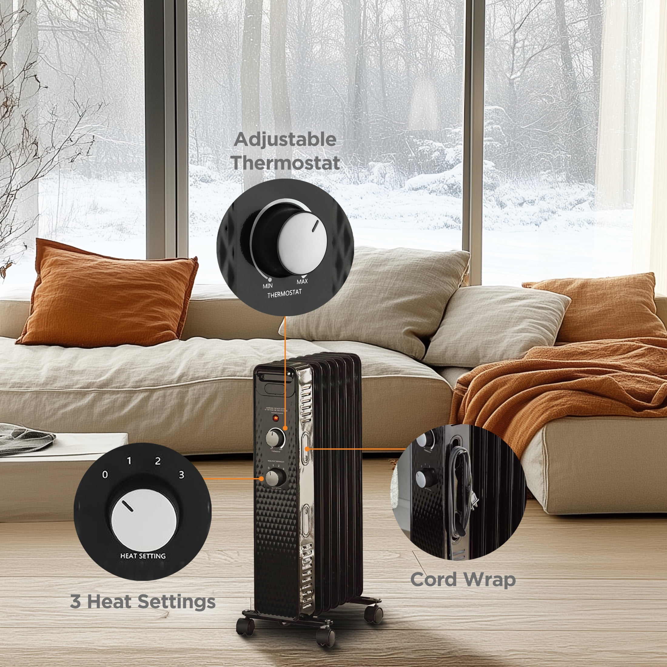 Mainstays Mechanical Oil Filled Electric Radiator Space Heater, Black, New, WSH07O2ABB