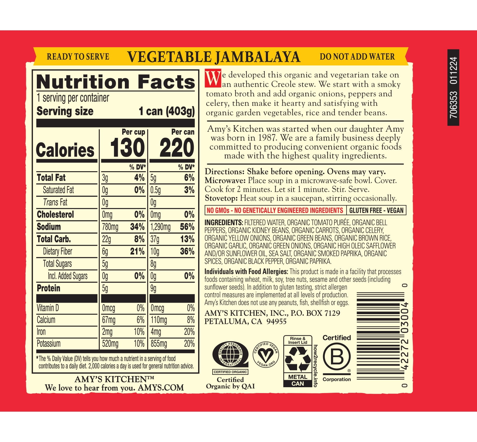 (3 pack) Amy’s Organic Vegetable Jambalaya Made With Organic Red Beans and Rice, Plant Based Vegan Jambalaya, Gluten Free, Canned Soup, 14.2 Oz