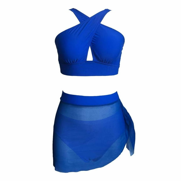 WREESH Womens Bikini Set with Sarong Bathing Suit Beach Cover Up Wrap Skirt Swimsuit Split Swimsuit Bikini Slings Swimsuit Fringe Beach Skirt Swim Srunks Three-Piece Set Blue